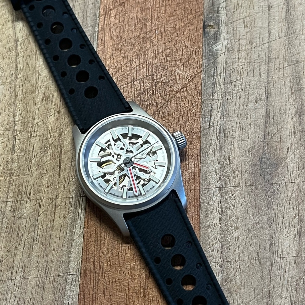 Men's Skeleton Dial Stainless Steel Watch with Black Rallye Strap
